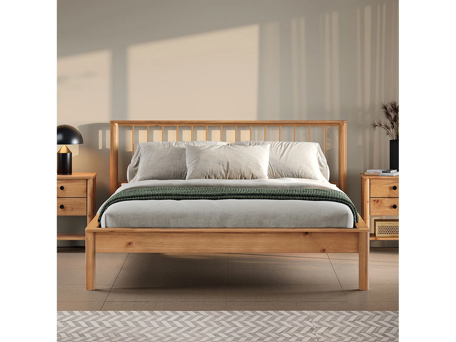 Lit 140 x 190 avec sommier APOANA en bois massif coloris chêne, cadre robuste avec tête de lit à barreaux