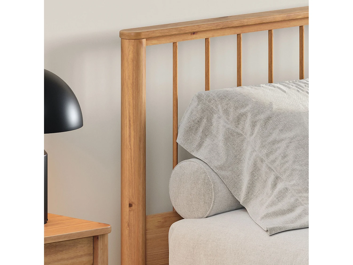 Lit 140 x 190 avec sommier APOANA en bois massif coloris chêne, cadre robuste avec tête de lit à barreaux