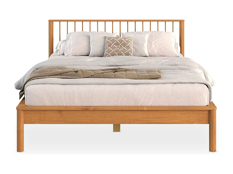 Lit 140 x 190 avec sommier APOANA en bois massif coloris chêne, cadre robuste avec tête de lit à barreaux