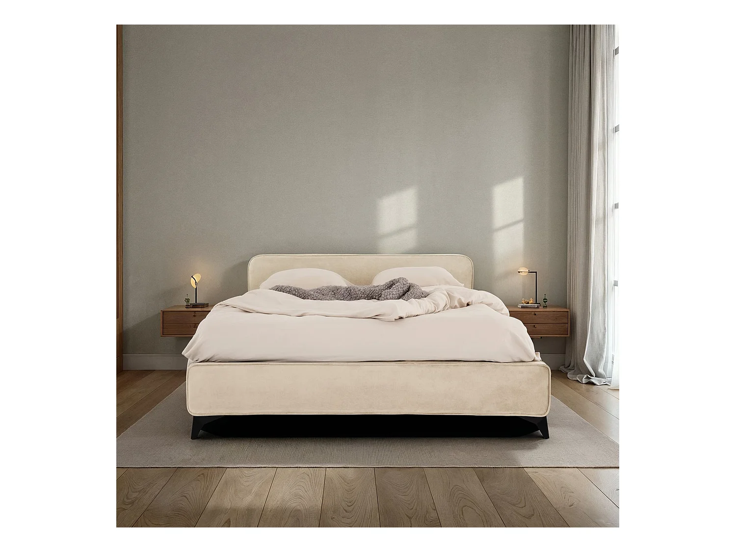 Lit double RAVELLO 140x190 cm, Revêtement en tissu, Lit style moderne pour 2 personnes, Cadre de lit avec sommier inclus, Beige