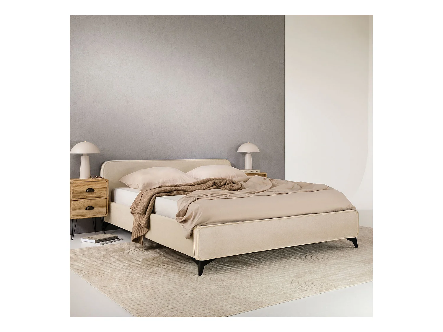 Lit double RAVELLO 140x190 cm, Revêtement en tissu, Lit style moderne pour 2 personnes, Cadre de lit avec sommier inclus, Beige