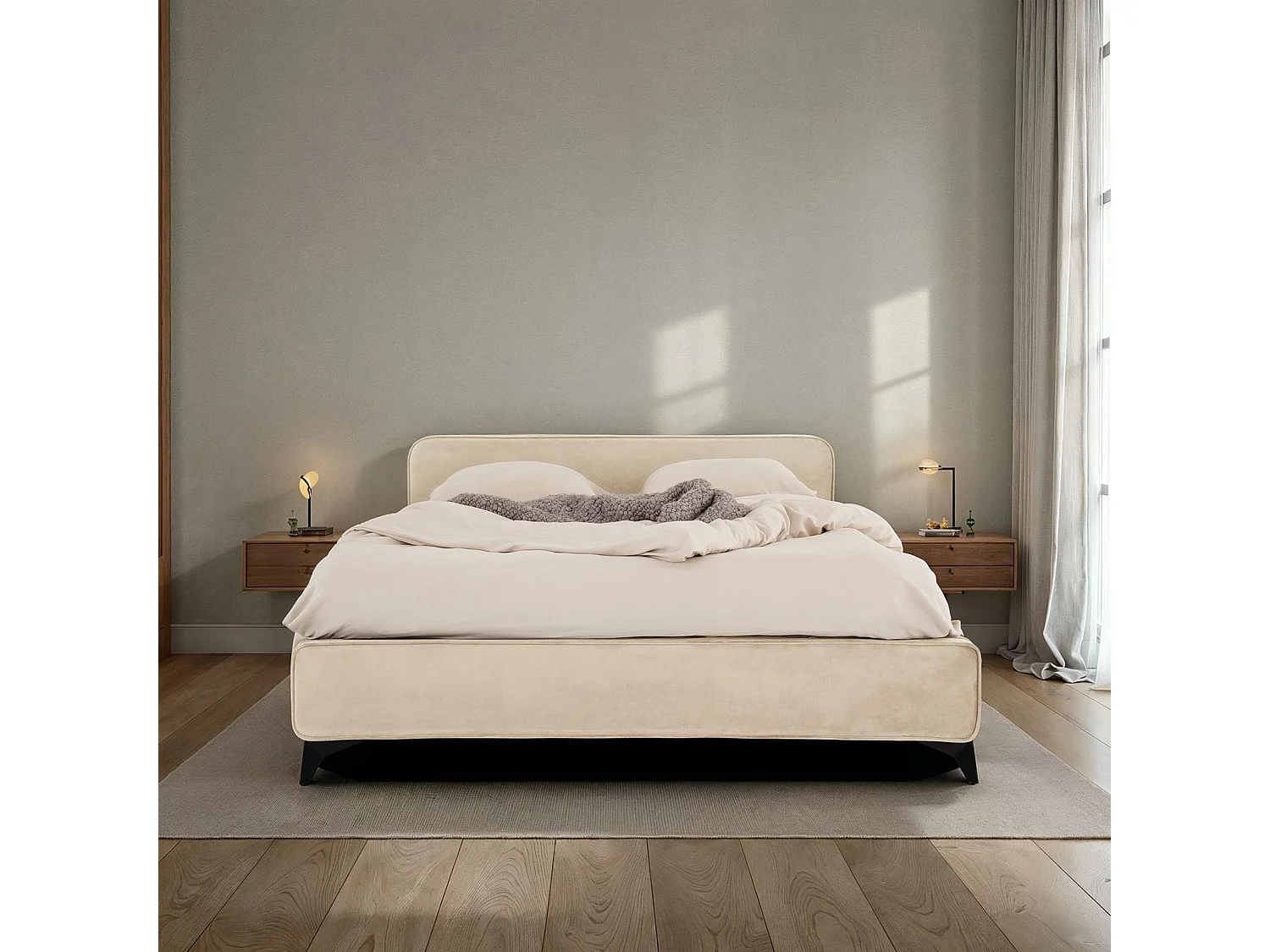 Lit double RAVELLO 140x190 cm, Revêtement en tissu, Lit style moderne pour 2 personnes, Cadre de lit avec sommier inclus, Beige
