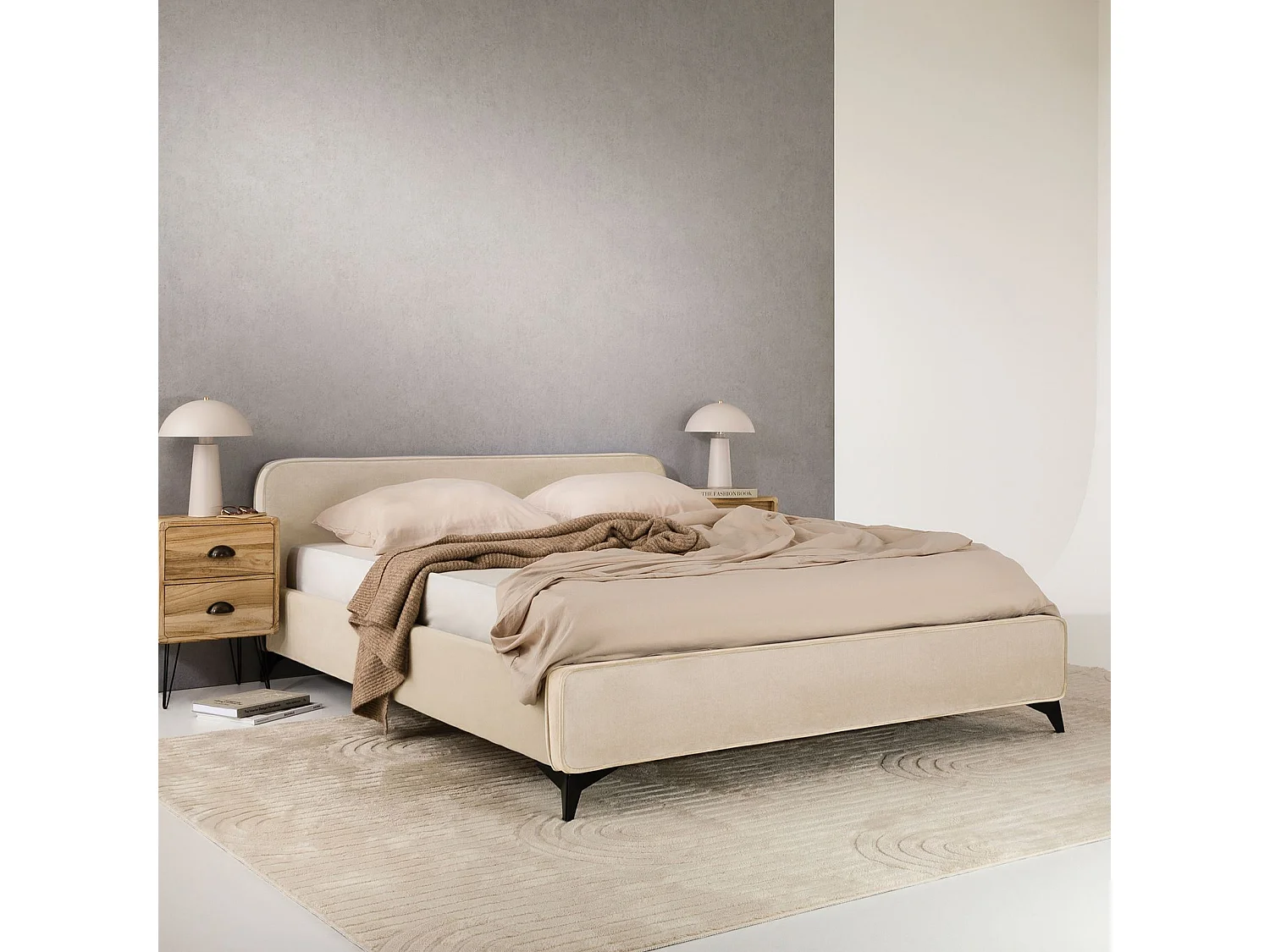 Lit double RAVELLO 140x190 cm, Revêtement en tissu, Lit style moderne pour 2 personnes, Cadre de lit avec sommier inclus, Beige