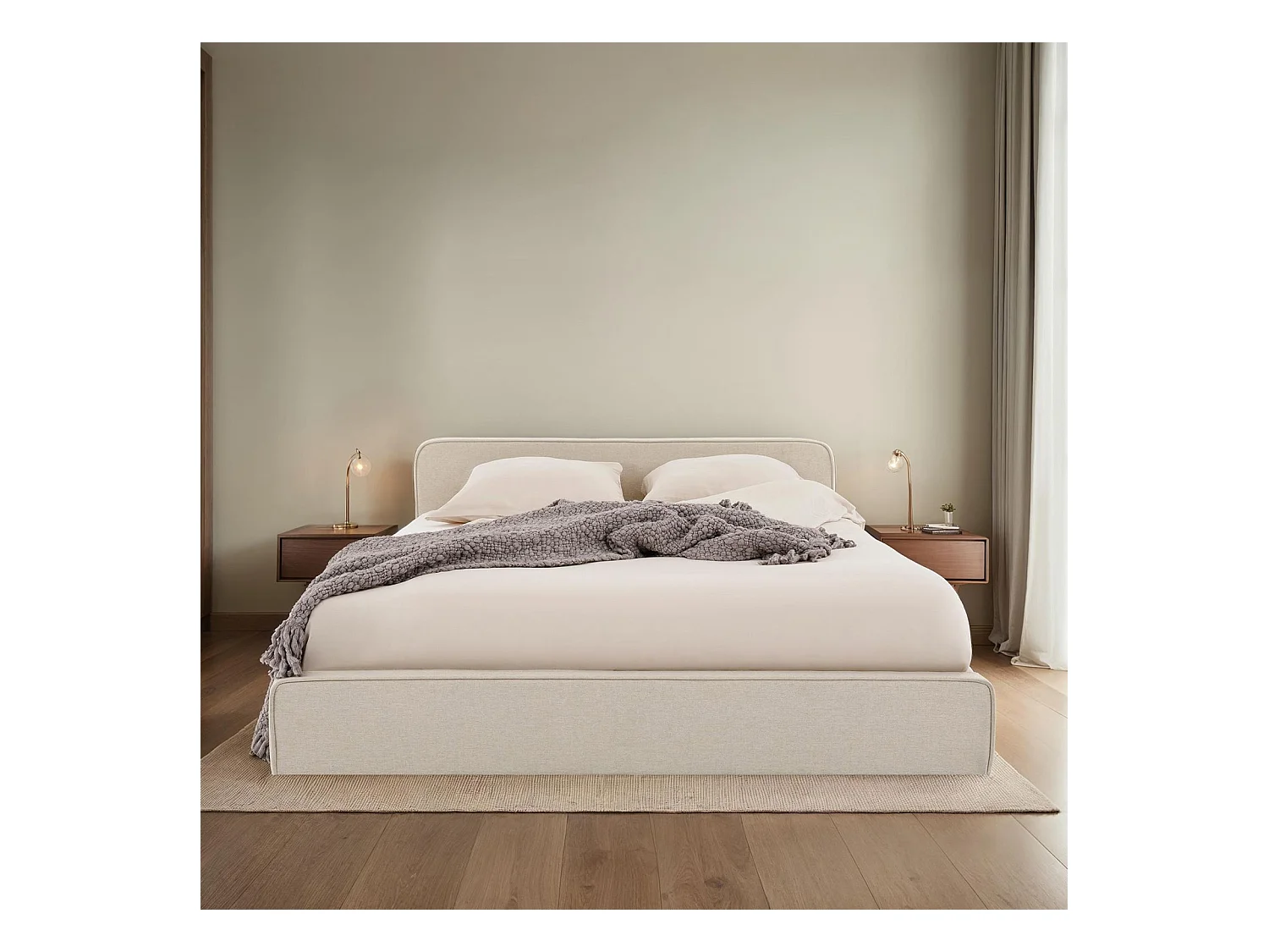 Lit double BELARTI 140x190 cm, Revêtement en tissu Beige, Lit style moderne pour 2 personnes, Cadre avec sommier inclus