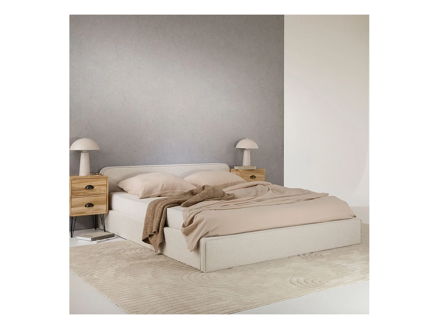 Lit double BELARTI 140x190 cm, Revêtement en tissu Beige, Lit style moderne pour 2 personnes, Cadre avec sommier inclus