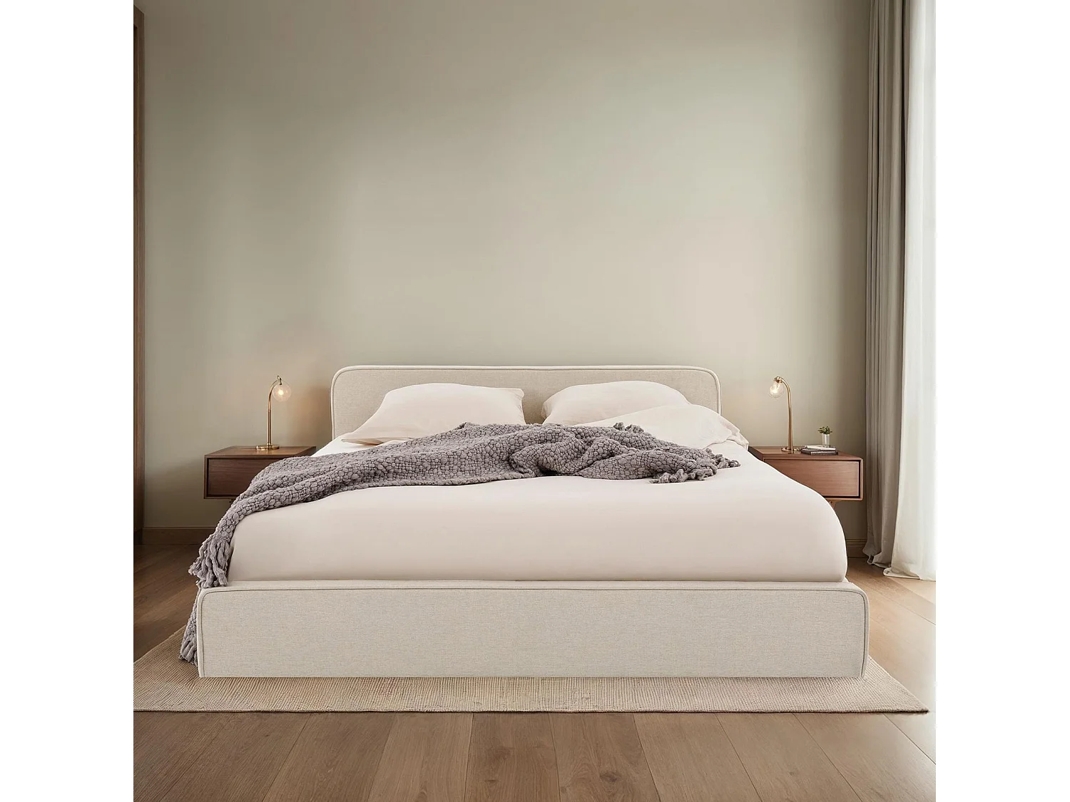 Lit double BELARTI 140x190 cm rembourré, Revêtement en tissu Beige, Lit style moderne pour 2 personnes, Cadre avec sommier inclus