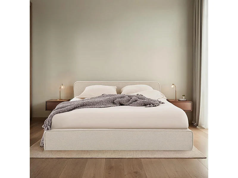 Lit double BELARTI 140x190 cm, Revêtement en tissu Beige, Lit style moderne pour 2 personnes, Cadre avec sommier inclus