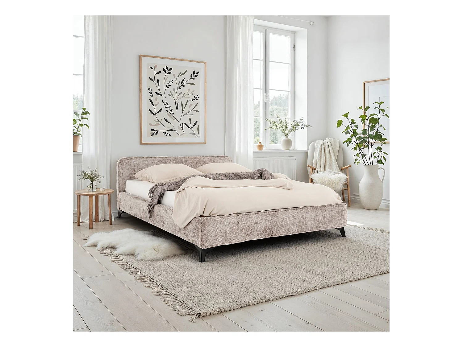 Lit double LEVERDA 140x190 cm, Revêtement en tissu, Lit style moderne pour 2 personnes, Cadre de lit avec sommier inclus, Beige