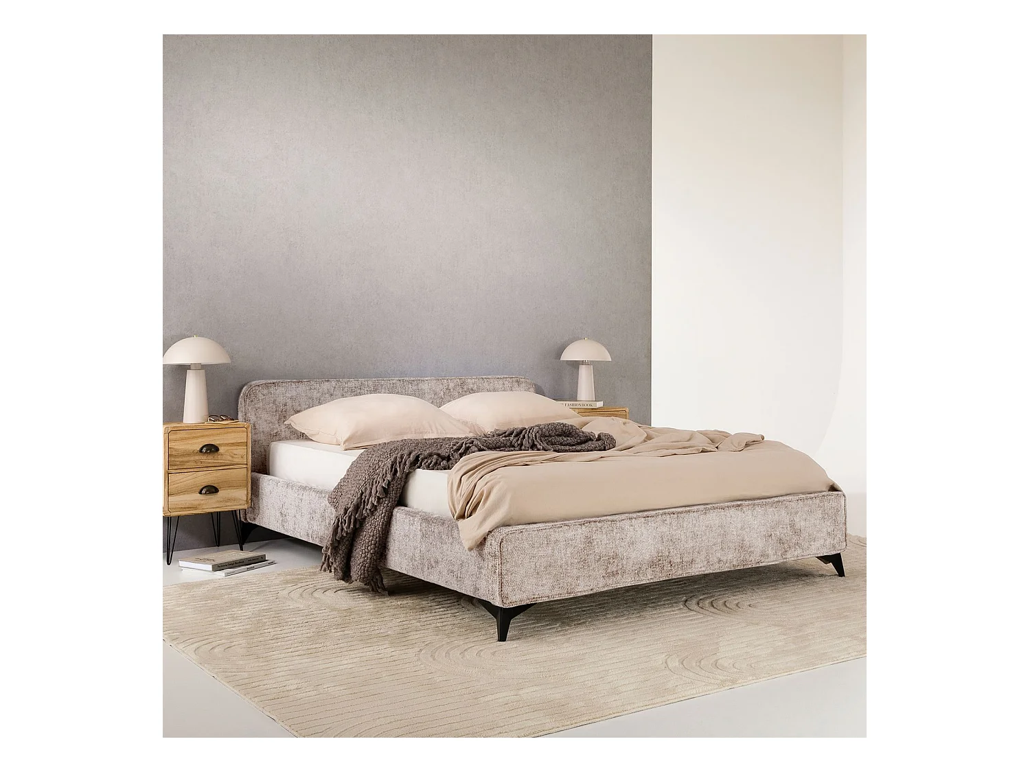 Lit double LEVERDA 140x190 cm, Revêtement en tissu, Lit style moderne pour 2 personnes, Cadre de lit avec sommier inclus, Beige