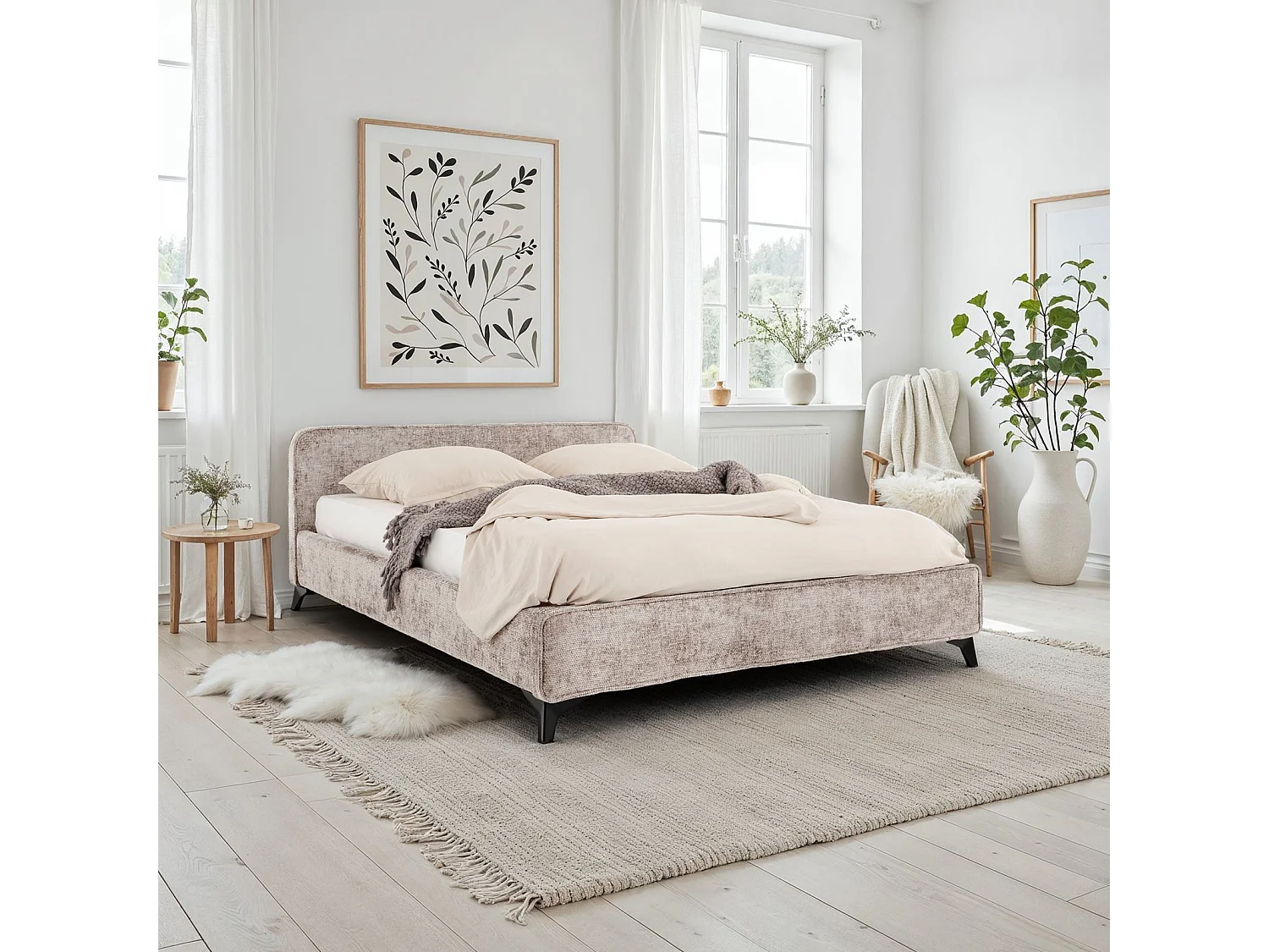 Lit double LEVERDA 140x190 cm, Revêtement en tissu, Lit style moderne pour 2 personnes, Cadre de lit avec sommier inclus, Beige