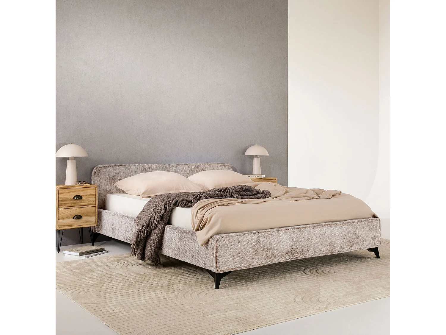 Lit double LEVERDA 140x190 cm, Revêtement en tissu, Lit style moderne pour 2 personnes, Cadre de lit avec sommier inclus, Beige