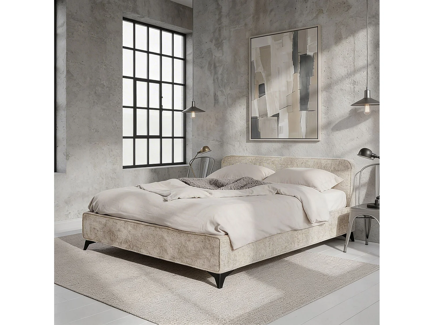 Lit double LEVERDA 140x190 cm, Revêtement en tissu, Lit style moderne pour 2 personnes, Cadre de lit avec sommier inclus, Beige