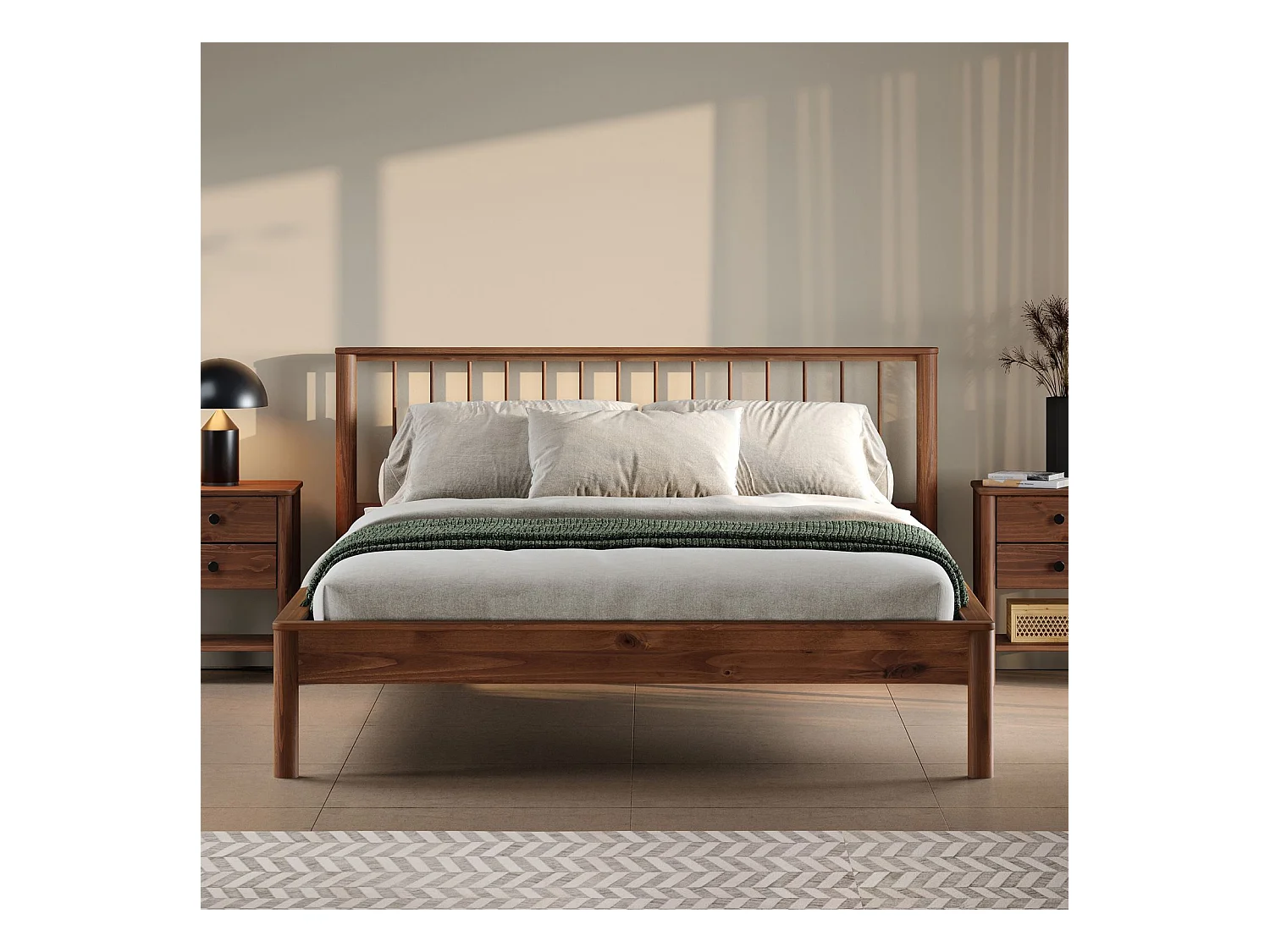 Lit 140 x 190 avec sommier APOANA en bois massif coloris châtaignier, cadre robuste avec tête de lit à barreaux