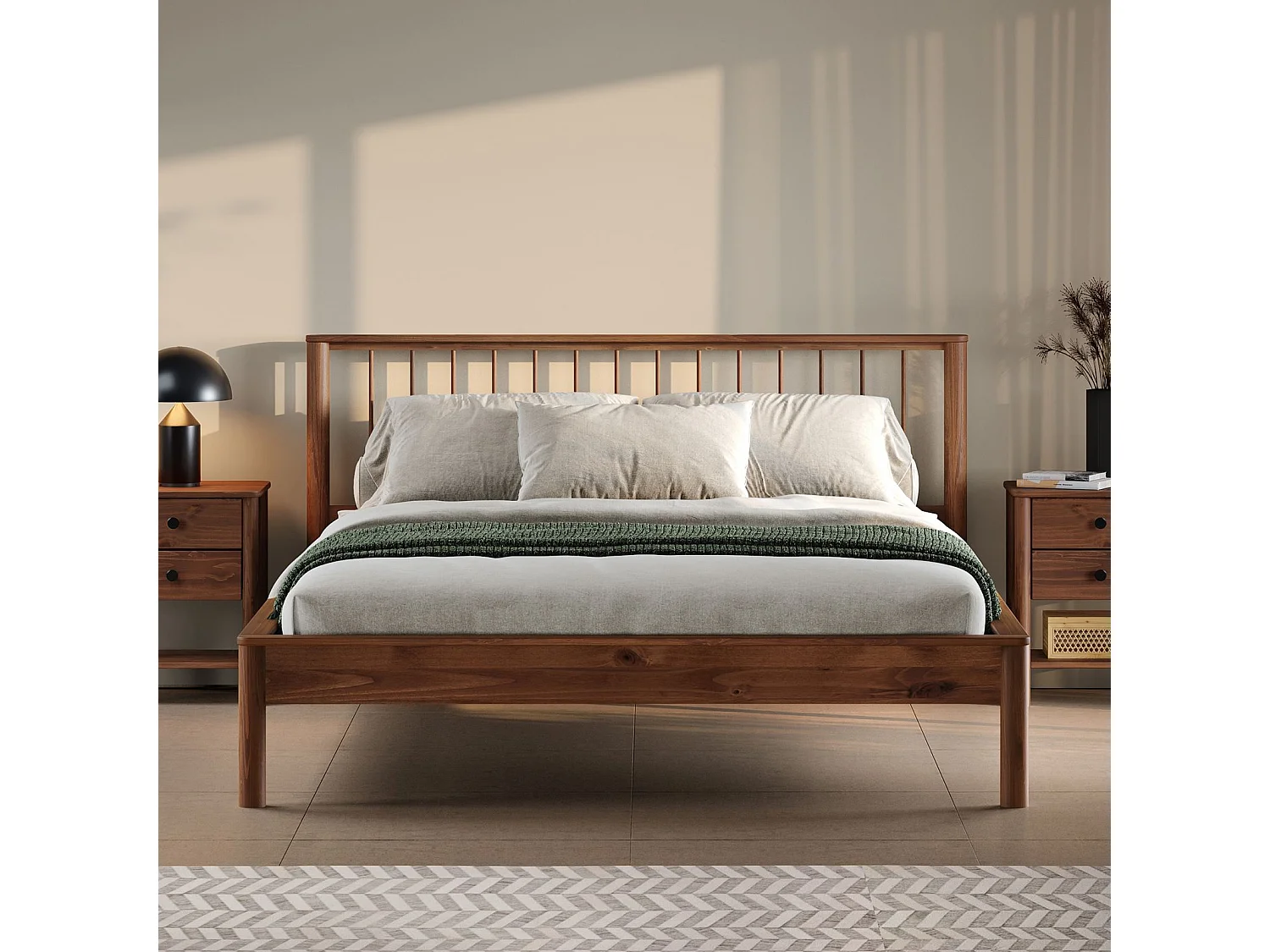 Lit 140 x 190 avec sommier APOANA en bois massif coloris châtaignier, cadre robuste avec tête de lit à barreaux