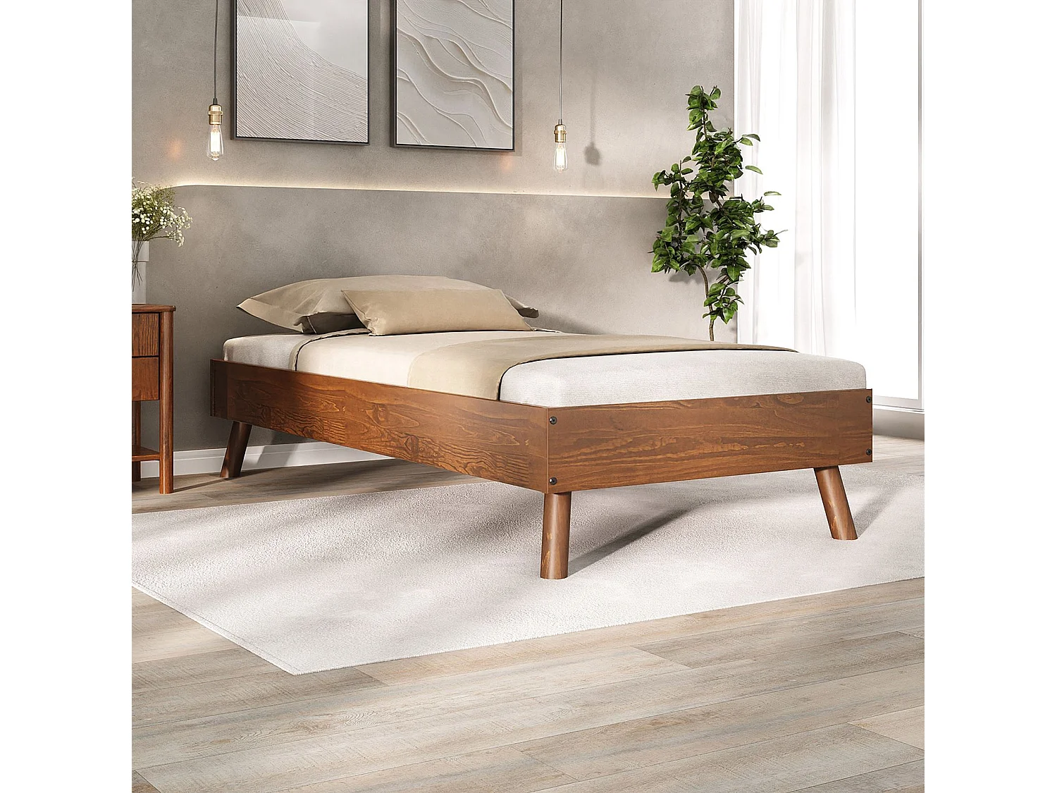 Lit futon KARRI simple, 90 x 200 cm, 1 place, en bois massif coloris châtaignier, robuste idéal pour futon ou matelas