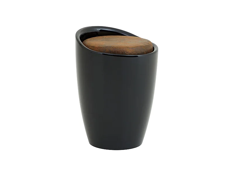 Tabouret DANIEL pouf rond avec rangement et assise rembourrée, structure en plastique noir et revêtement en tissu brun vintage