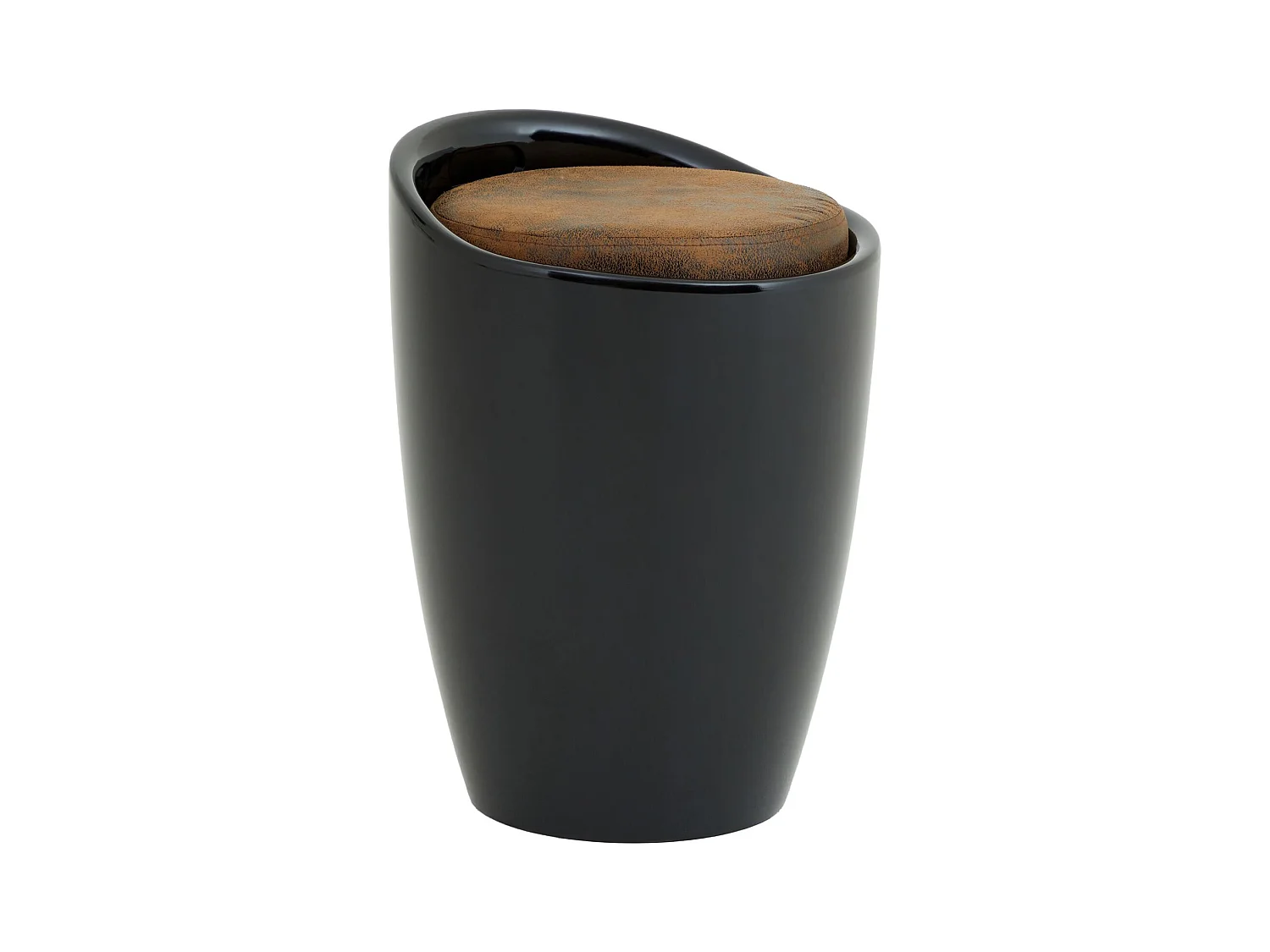 Tabouret DANIEL pouf rond avec rangement et assise rembourrée, structure en plastique noir et revêtement en tissu brun vintage