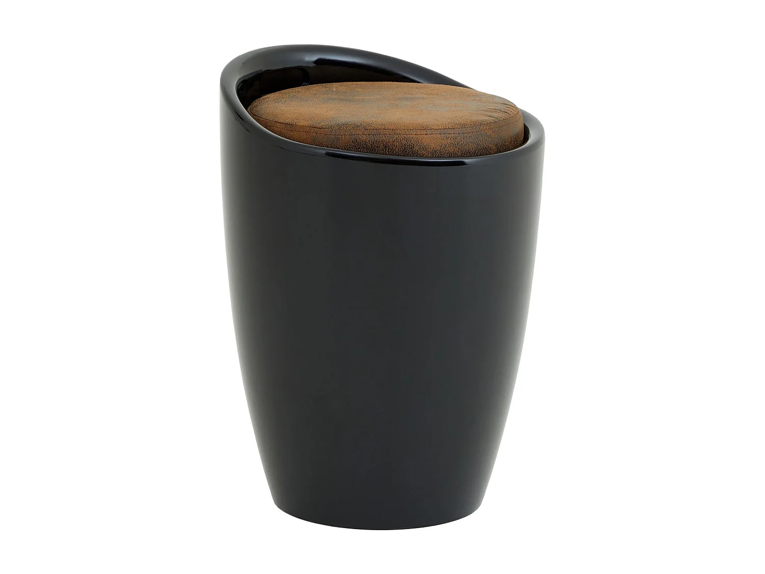 Tabouret DANIEL pouf rond avec rangement et assise rembourrée, structure en plastique noir et revêtement en tissu brun vintage