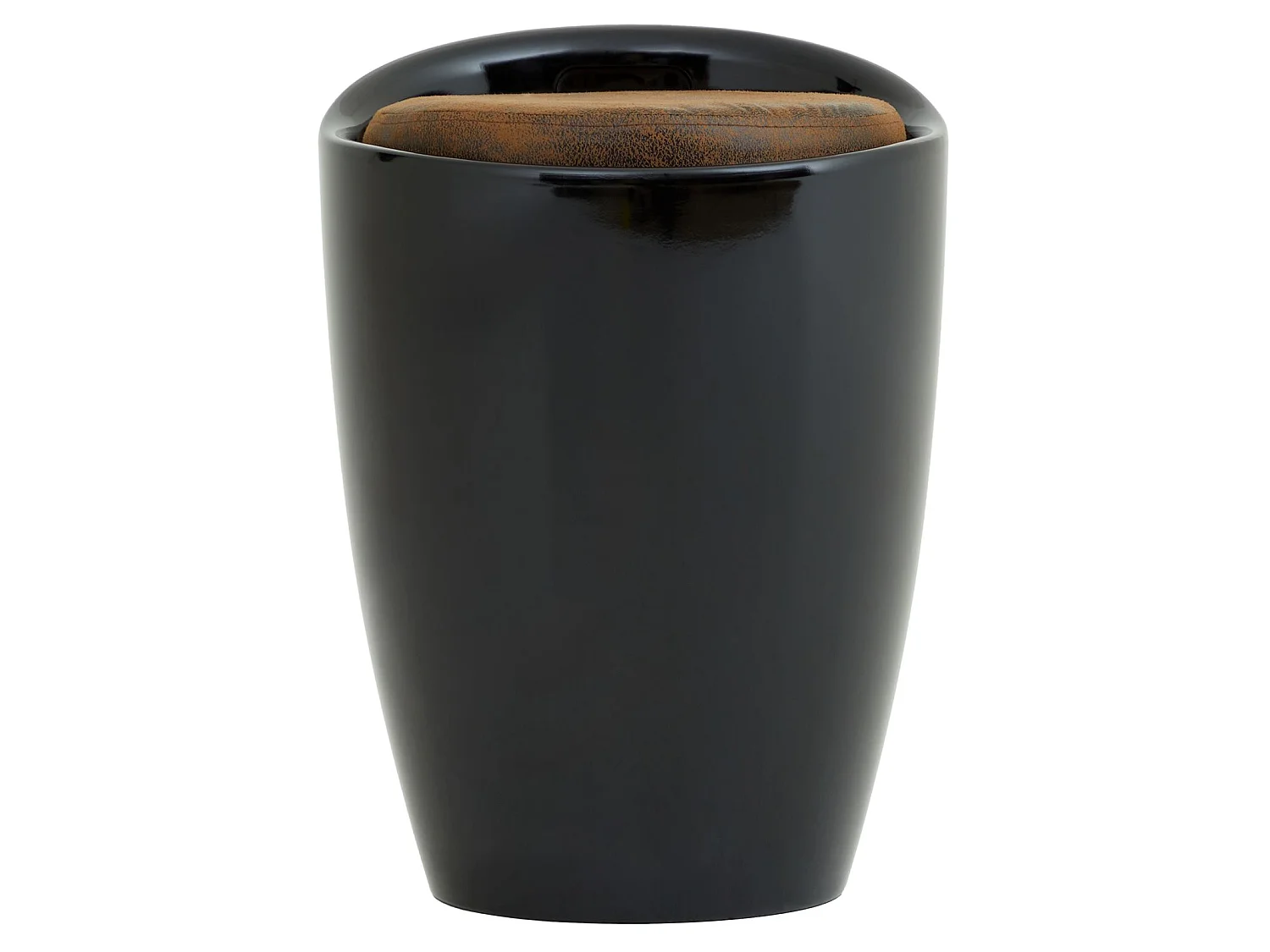 Tabouret DANIEL pouf rond avec rangement et assise rembourrée, structure en plastique noir et revêtement en tissu brun vintage