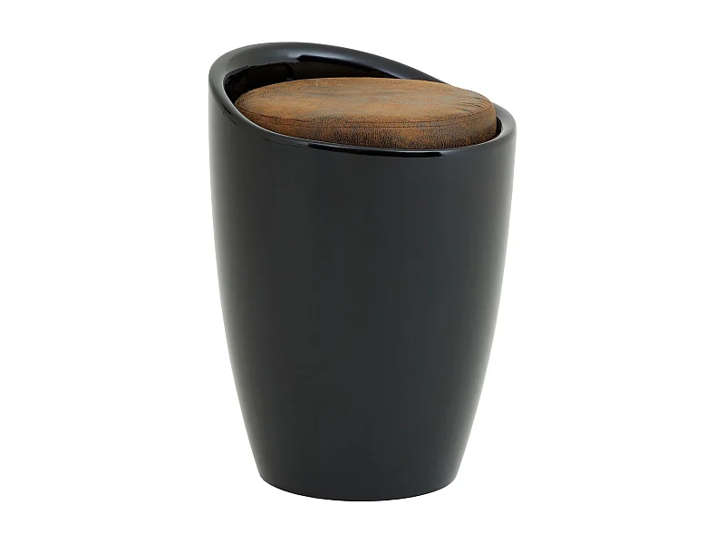 Tabouret DANIEL pouf rond avec rangement et assise rembourrée, structure en plastique noir et revêtement en tissu brun vintage