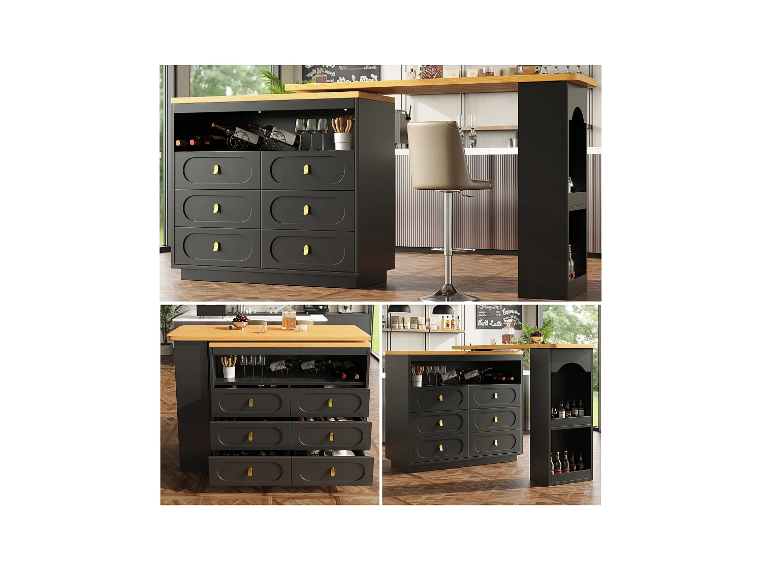 Meuble de bar extensible avec rotation à 360° - Longueur réglable - avec 6 tiroirs - MDF - noir