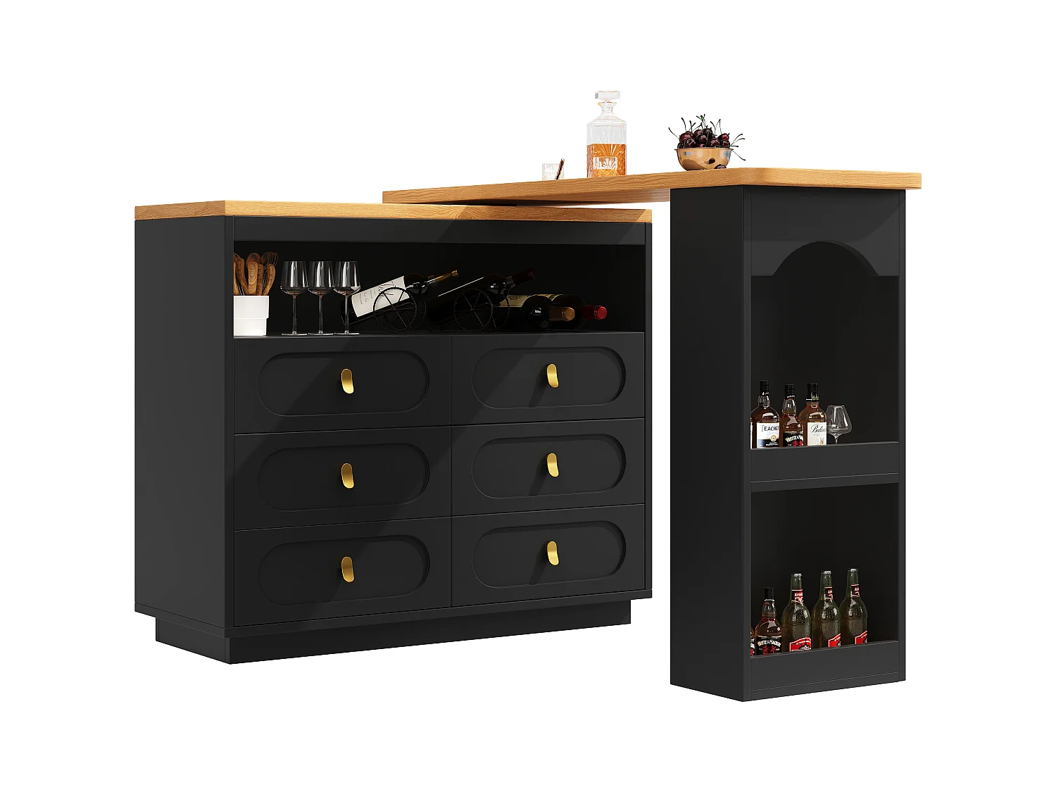 Meuble de bar extensible avec rotation à 360° - Longueur réglable - avec 6 tiroirs - MDF - noir