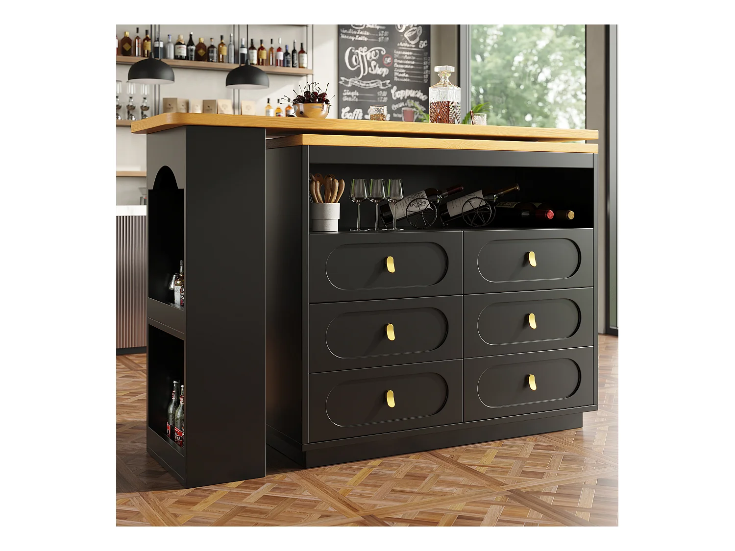 Meuble de bar extensible avec rotation à 360° - Longueur réglable - avec 6 tiroirs - MDF - noir