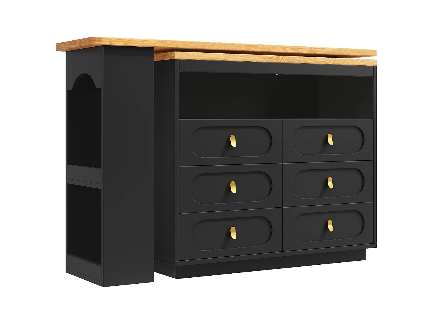 Meuble de bar extensible avec rotation à 360° - Longueur réglable - avec 6 tiroirs - MDF - noir