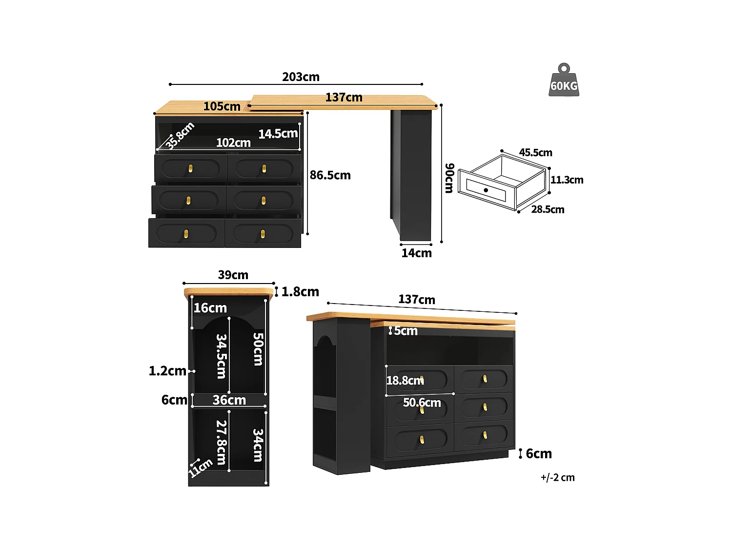 Meuble de bar extensible avec rotation à 360° - Longueur réglable - avec 6 tiroirs - MDF - noir