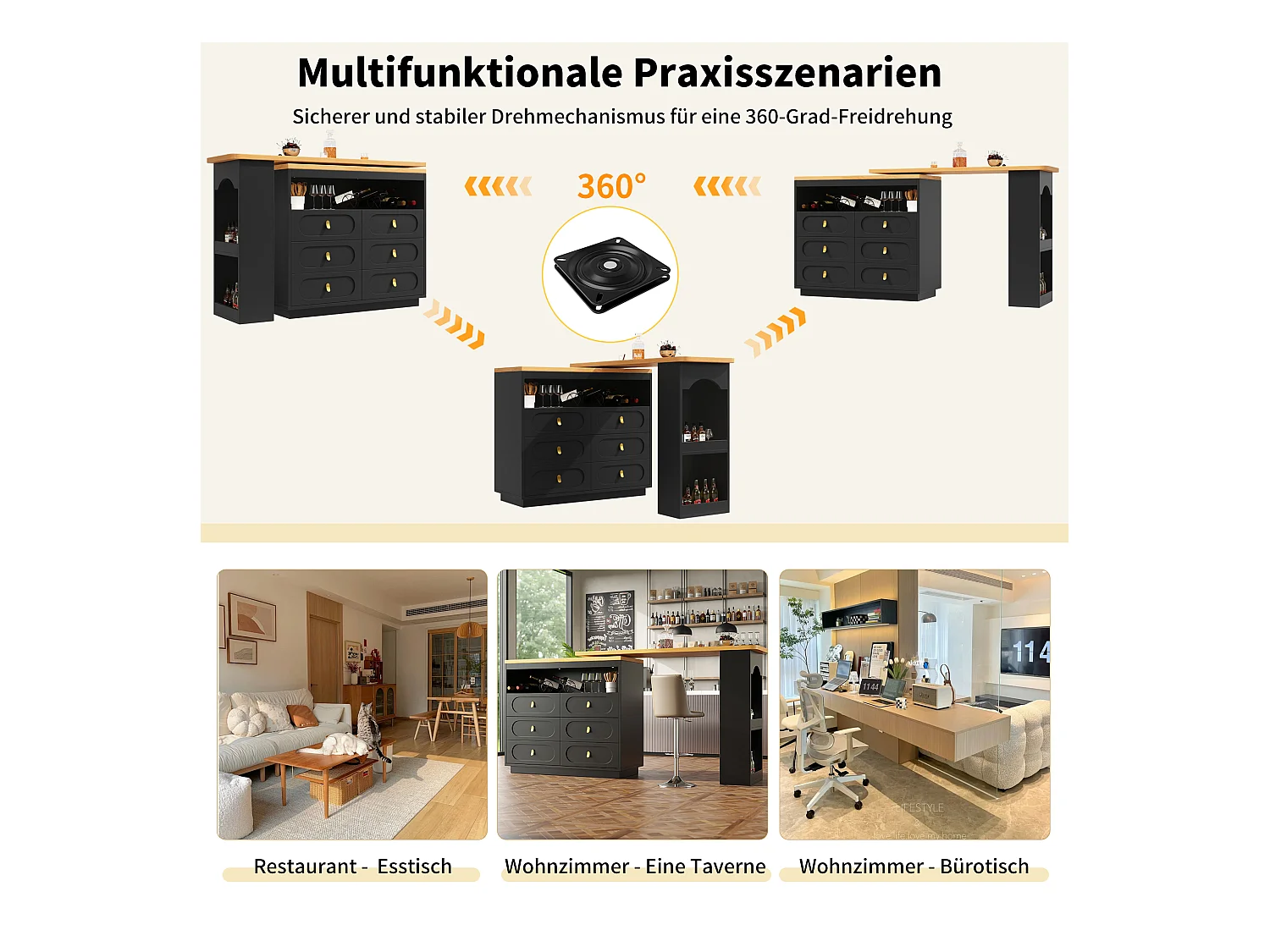 Meuble de bar extensible avec rotation à 360° - Longueur réglable - avec 6 tiroirs - MDF - noir