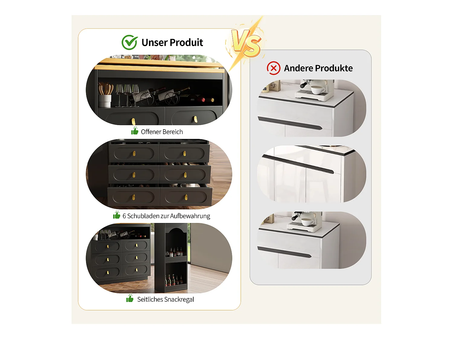 Meuble de bar extensible avec rotation à 360° - Longueur réglable - avec 6 tiroirs - MDF - noir