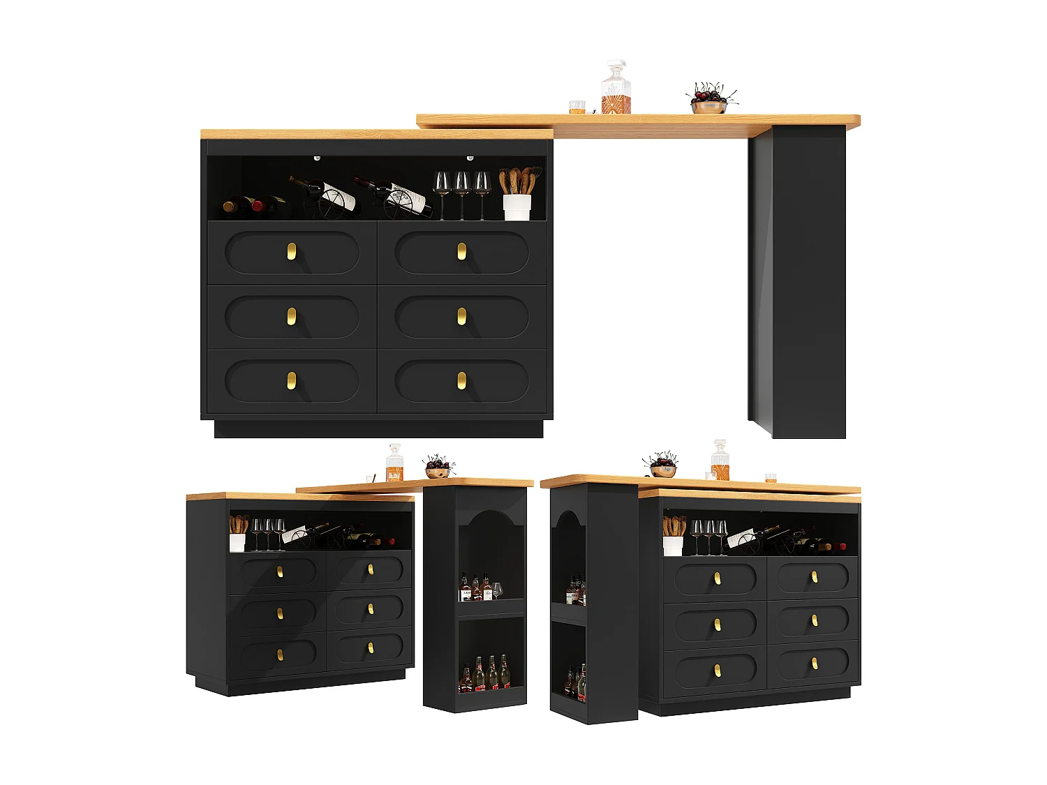 Rozkładana szafka barowa z możliwością obrotu o 360° - regulowana długość - z 6 szufladami - MDF - czarna