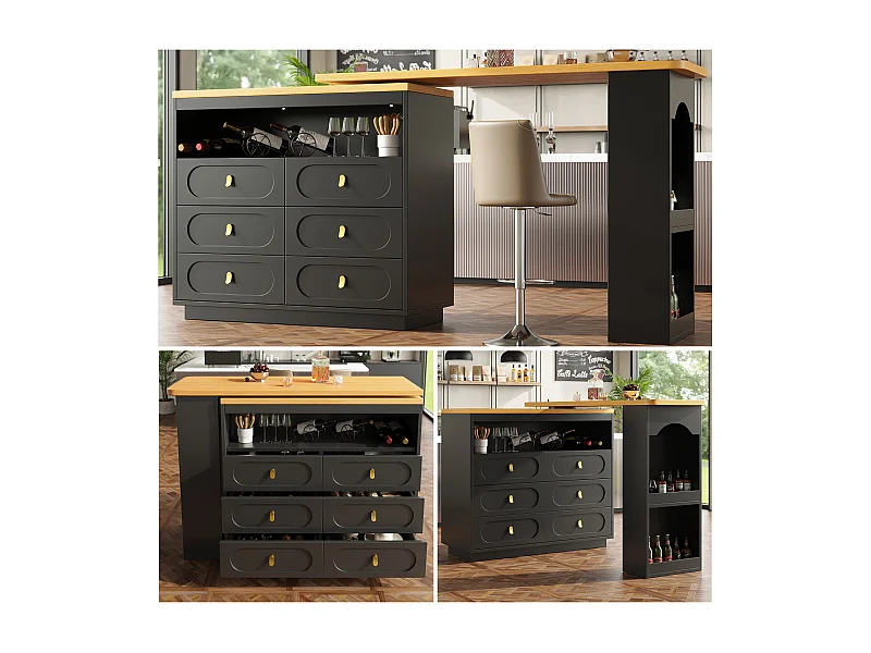 Ausziehbarer Barschrank mit 360°-Drehung - Längenverstellbar - mit 6 Schubladen - MDF - Schwarz