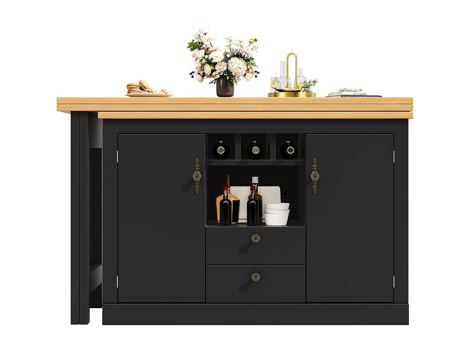 Rozkładany stół barowy - 120/180 x 76 cm - z diodami LED + 2 drzwi + 2 szuflady - obrotowy 360° - MDF - czarny