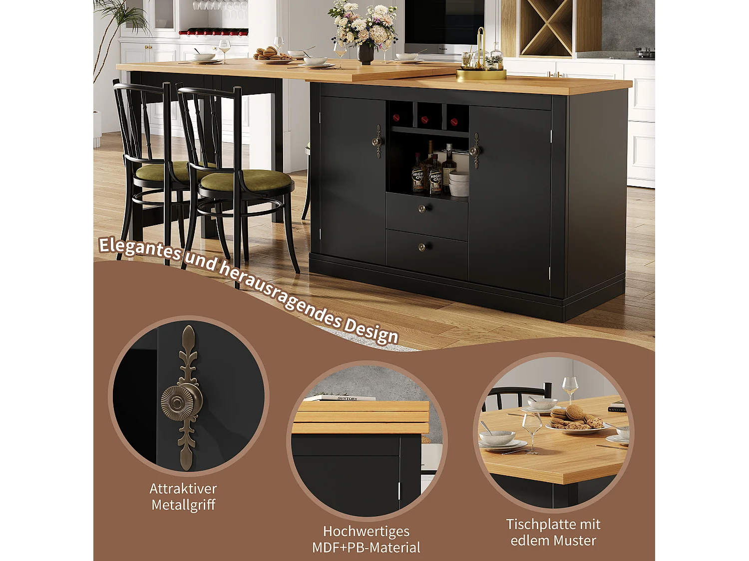 Rozkładany stół barowy - 120/180 x 76 cm - z diodami LED + 2 drzwi + 2 szuflady - obrotowy 360° - MDF - czarny