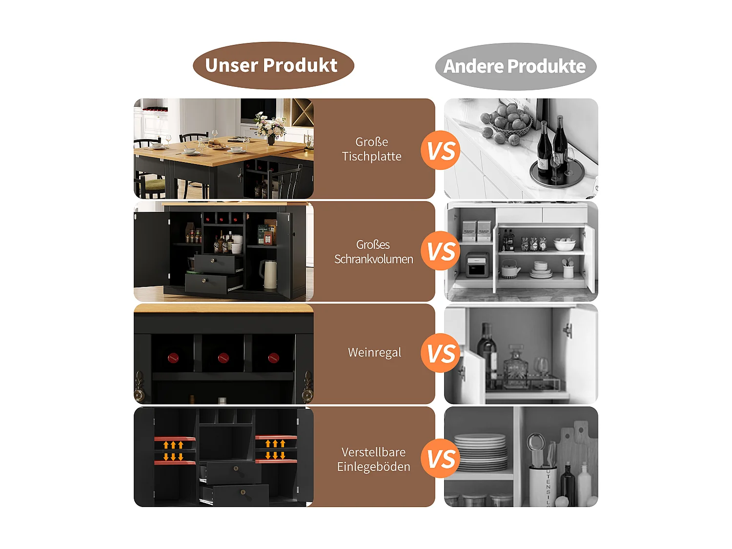 Rozkładany stół barowy - 120/180 x 76 cm - z diodami LED + 2 drzwi + 2 szuflady - obrotowy 360° - MDF - czarny