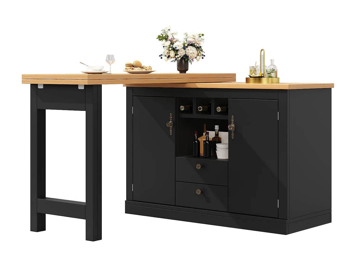 Rozkładany stół barowy - 120/180 x 76 cm - z diodami LED + 2 drzwi + 2 szuflady - obrotowy 360° - MDF - czarny