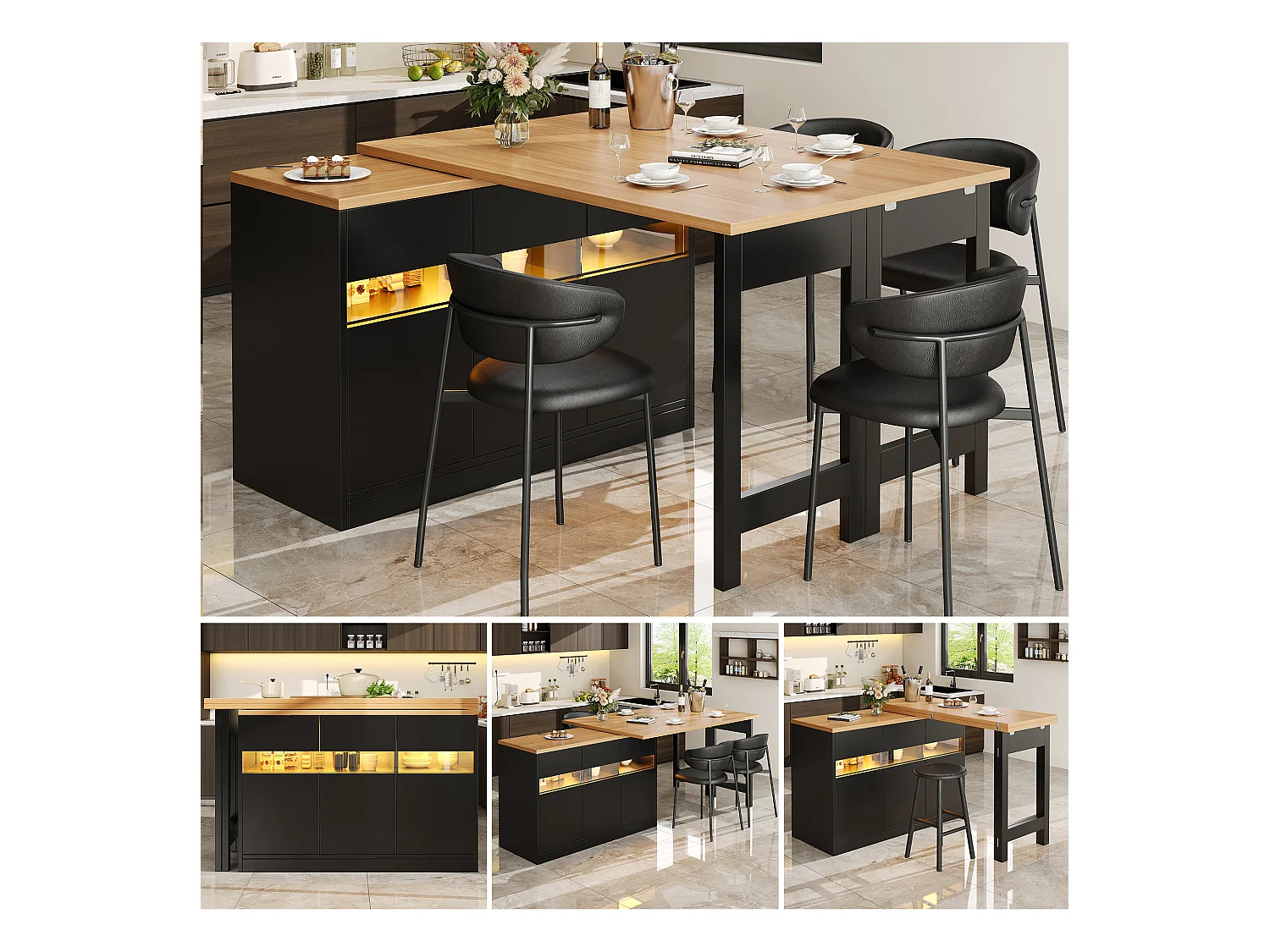 Ausziehbarer Stehtisch - 120/180 x 75,8 cm - mit LEDs + 3 Türen - 360° drehbar - MDF - schwarz