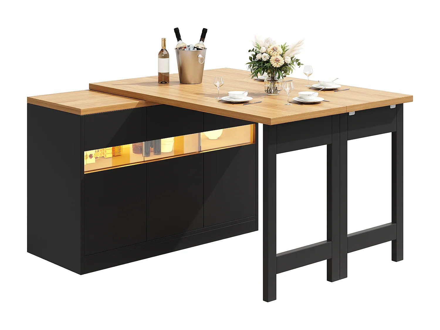 Table de bar extensible - 120/180 x 75.8 cm - avec Leds + 3 portes - rotation à 360° - MDF - noir