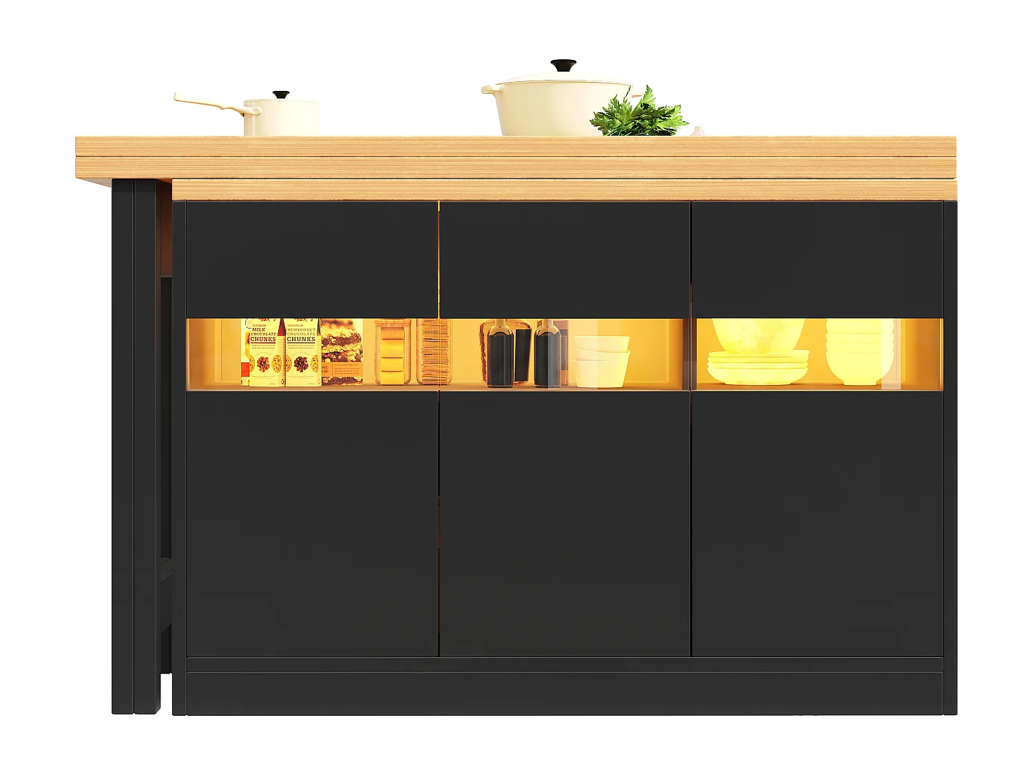 Table de bar extensible - 120/180 x 75.8 cm - avec Leds + 3 portes - rotation à 360° - MDF - noir