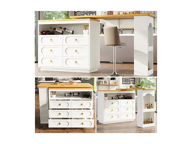 Meuble de bar extensible avec rotation à 360° - Longueur réglable - avec 6 tiroirs - MDF - blanc