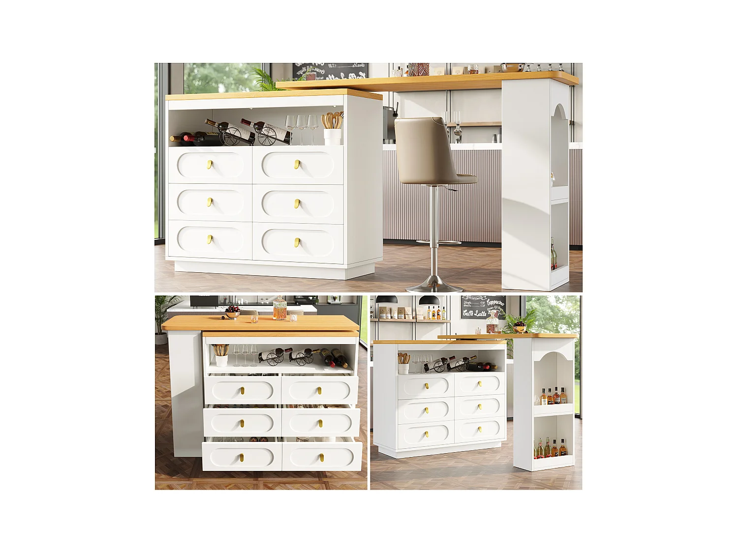 Meuble de bar extensible avec rotation à 360° - Longueur réglable - avec 6 tiroirs - MDF - blanc