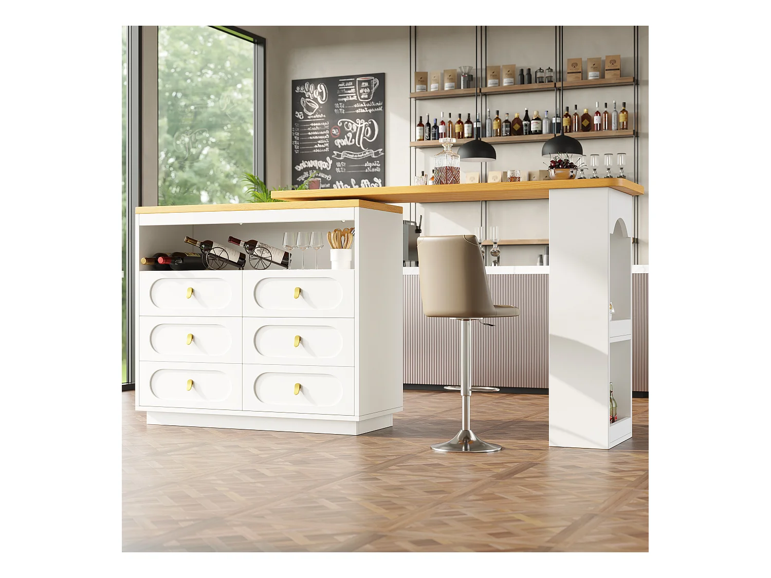 Meuble de bar extensible avec rotation à 360° - Longueur réglable - avec 6 tiroirs - MDF - blanc
