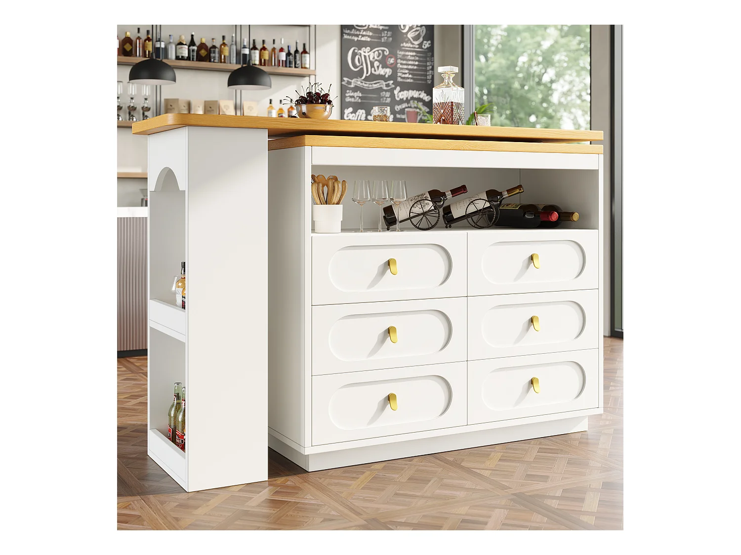 Meuble de bar extensible avec rotation à 360° - Longueur réglable - avec 6 tiroirs - MDF - blanc