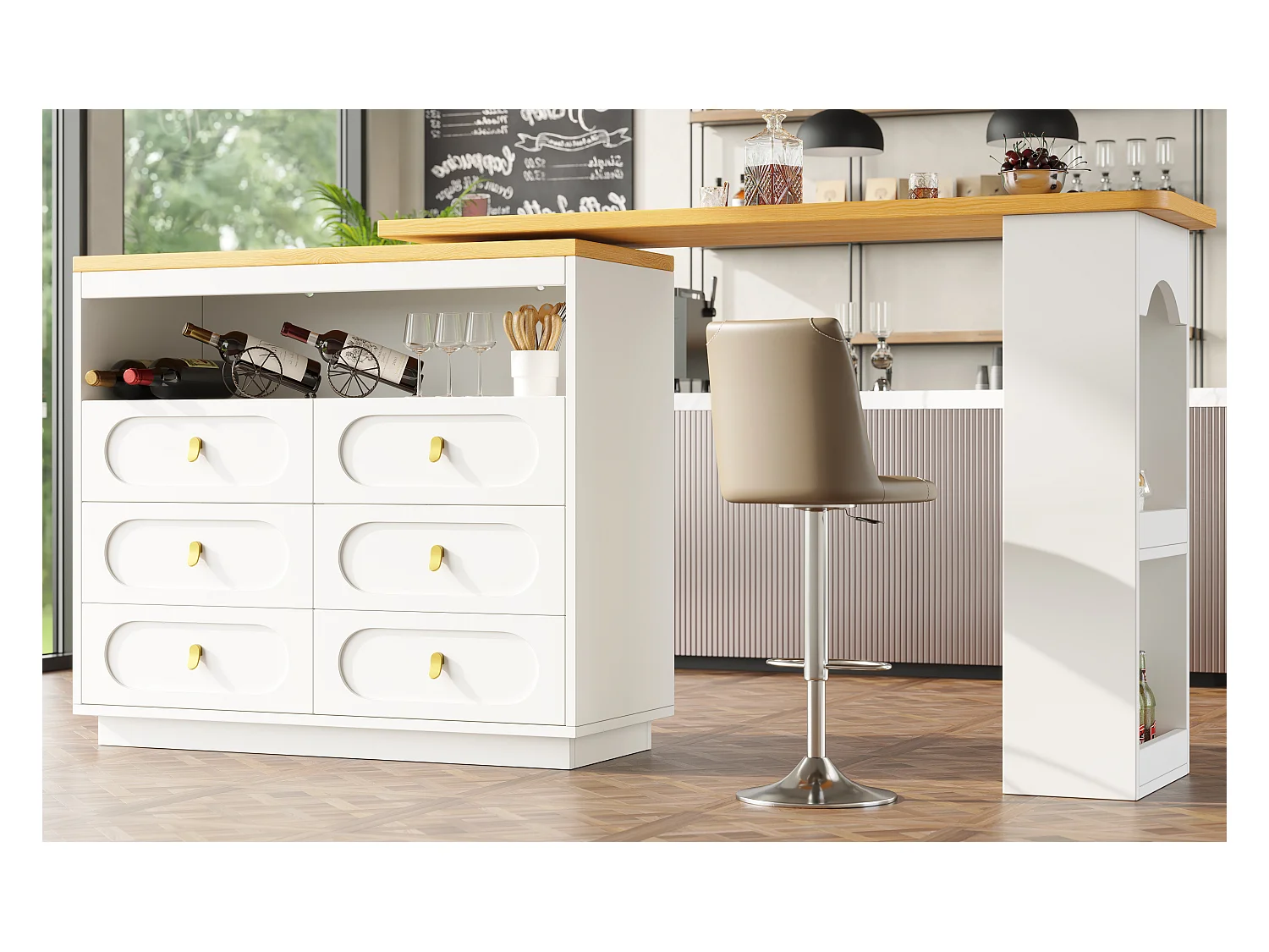 Meuble de bar extensible avec rotation à 360° - Longueur réglable - avec 6 tiroirs - MDF - blanc