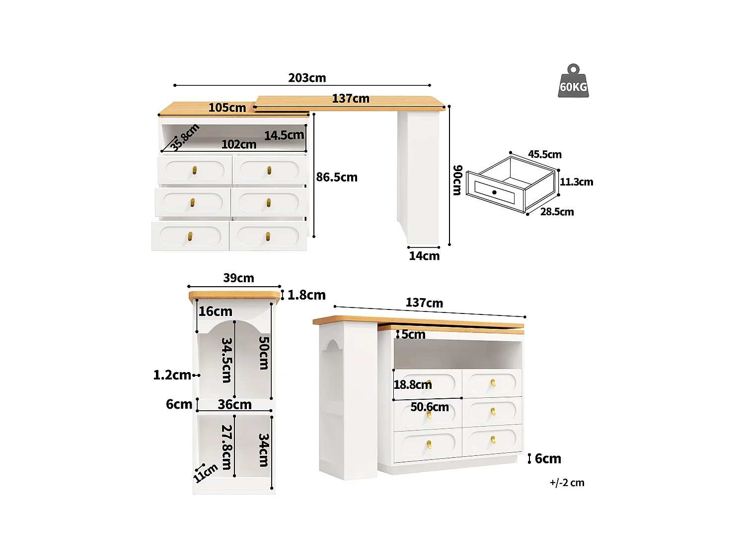 Meuble de bar extensible avec rotation à 360° - Longueur réglable - avec 6 tiroirs - MDF - blanc