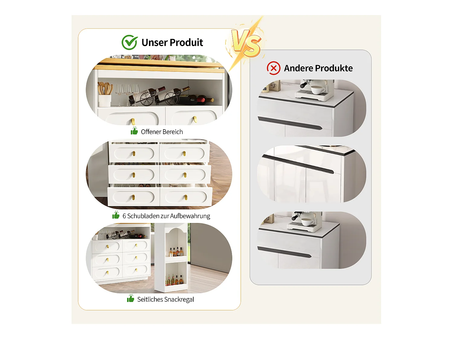 Meuble de bar extensible avec rotation à 360° - Longueur réglable - avec 6 tiroirs - MDF - blanc