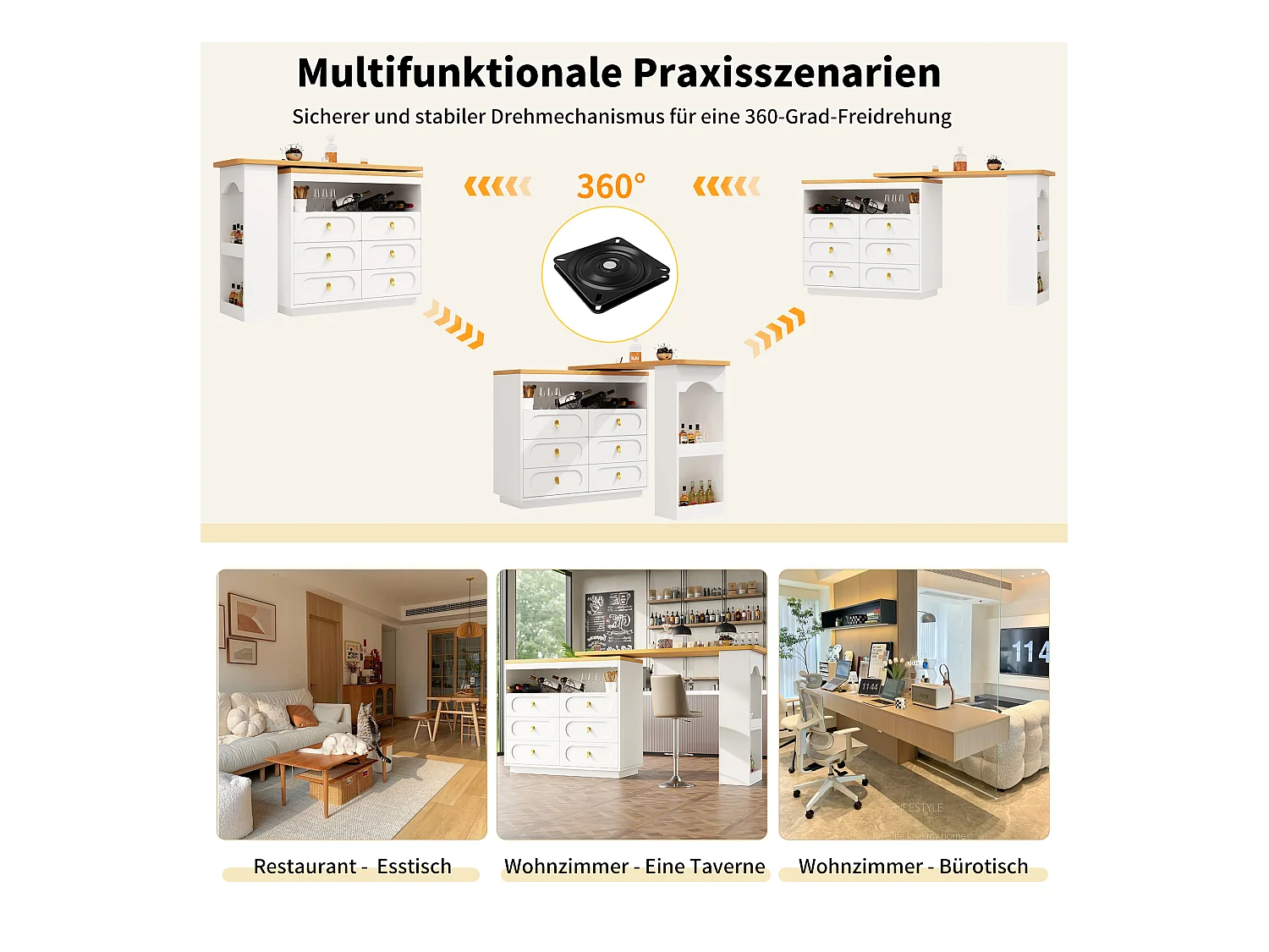 Rozkładana szafka barowa z możliwością obrotu o 360° - regulowana długość - z 6 szufladami - MDF - biała