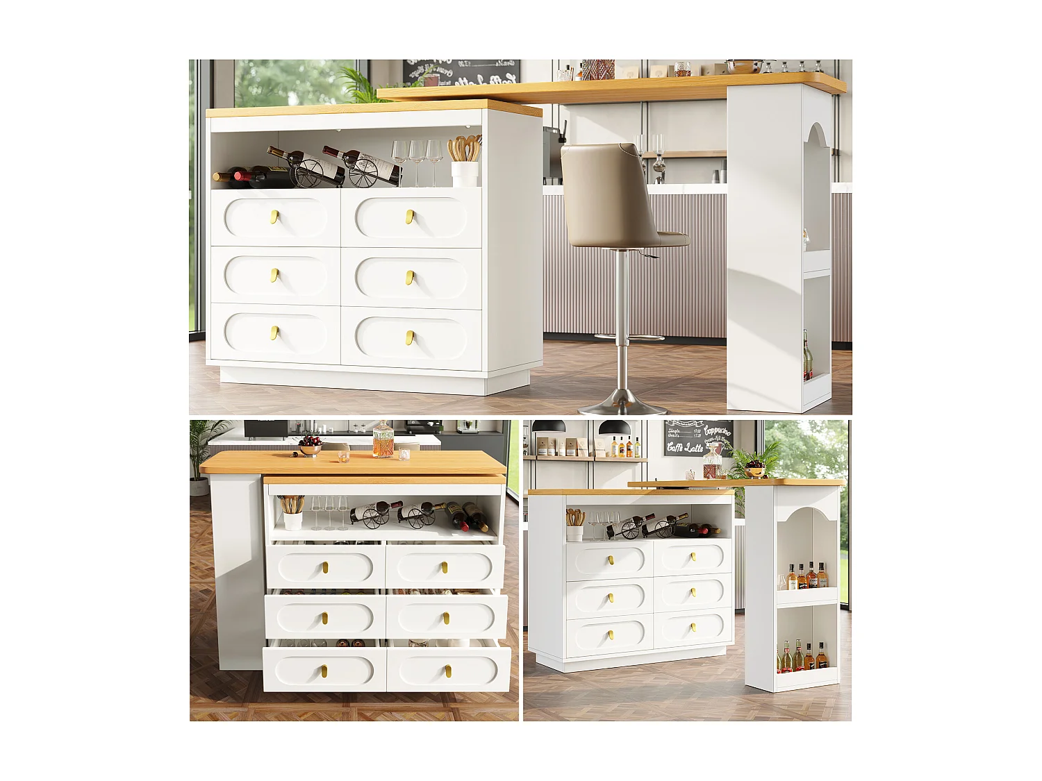 Rozkładana szafka barowa z możliwością obrotu o 360° - regulowana długość - z 6 szufladami - MDF - biała