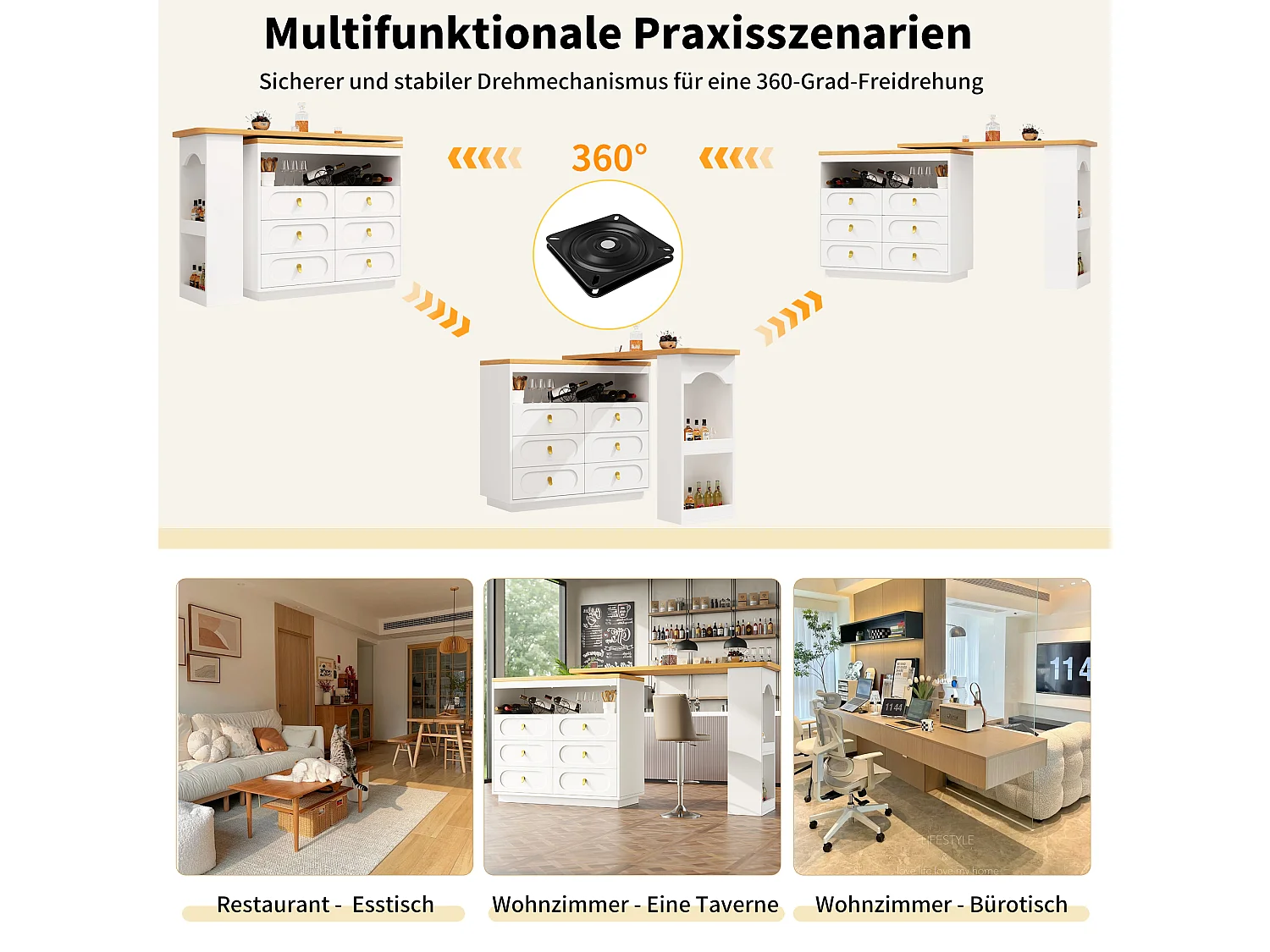 Rozkładana szafka barowa z możliwością obrotu o 360° - regulowana długość - z 6 szufladami - MDF - biała